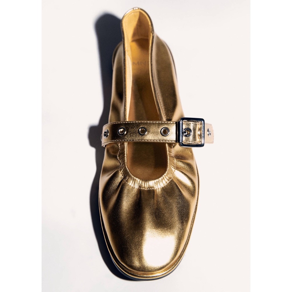 NEW MANGO MNG GOLD GATHERED STRAP BUCKLE BALLERINA BALLET FLAT SHOES 39 US 8-8.5 - Picture 8 of 12